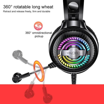 YINDIAO Wired Gaming Headset With Comfort Ear Cushions showing RGB earcup, adjustable mic and ergonomic padded headband