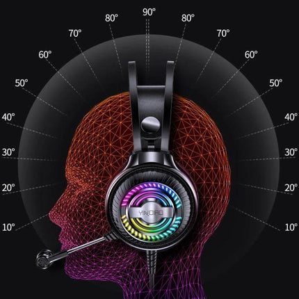 YINDIAO Wired Gaming Headset With Comfort Ear Cushions showing RGB earcup, mic, ergonomic fit and long 2.39m cable