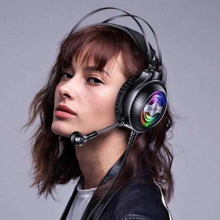 YINDIAO Wired Gaming Headset With Comfort Ear Cushions on model featuring microphone, RGB earcups, ergonomic frame and 2.39 m cable