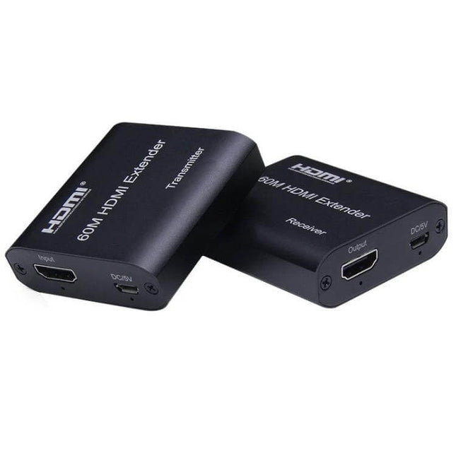 BOWU HDMI Extender for Network Cable Connections up to 60 Meters — black transmitter and receiver pair with HDMI and DC ports