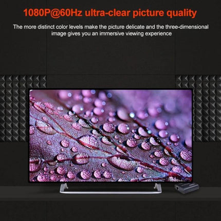 BOWU HDMI Extender for Network Cable Connections up to 60 Meters showing 1080P@60Hz TV with sharp image and compact metal transmitter