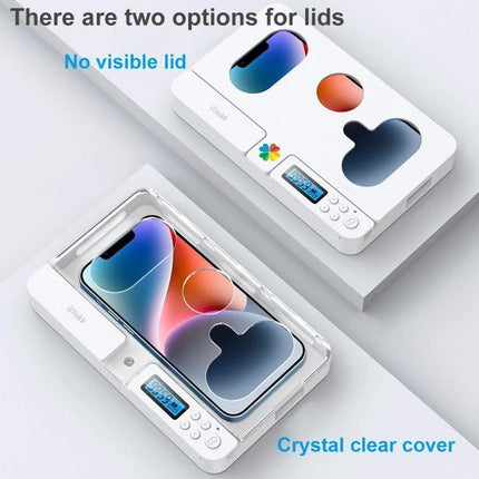 Self-Discipline Smart Phone Lock Timing Box in White showing two lid options, crystal clear cover and no visible lid with digital timer