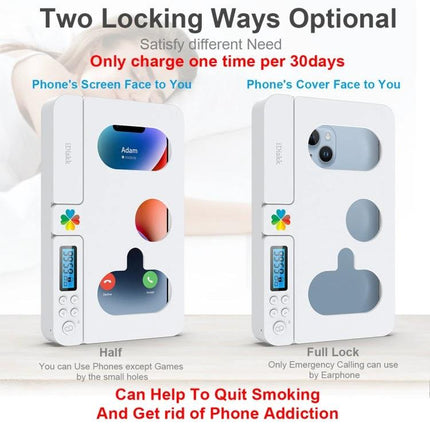 Self-Discipline Smart Phone Lock Timing Box in White showing two locking modes, timer display, and cutouts for screen or camera