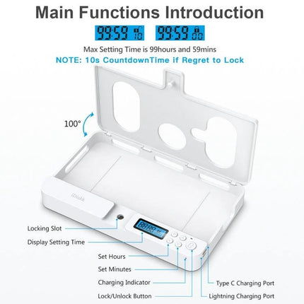 Self-Discipline Smart Phone Lock Timing Box in White digital timer lock box for study and meetings, display and charging ports