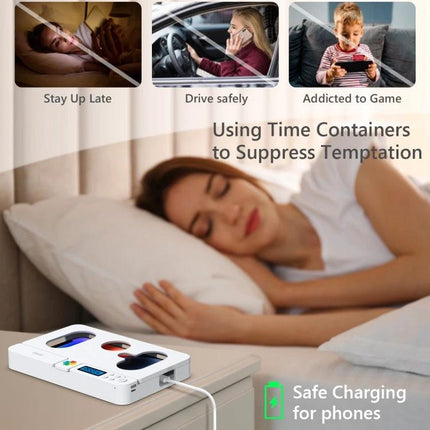 Self-Discipline Smart Phone Lock Timing Box in White on nightstand with sleeping woman and safe charging, shows timer and use cases (study, drive, gaming)