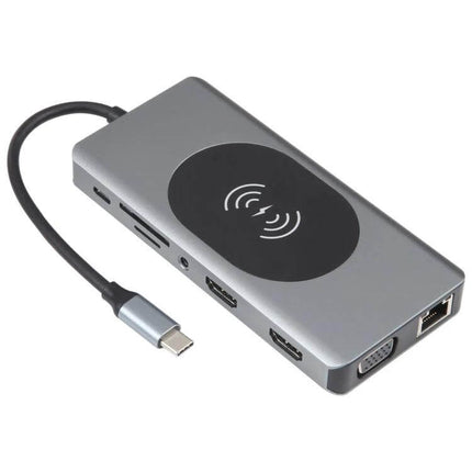Multi-Port 14-in-1 Type-C Docking Station with Wireless Charging and HDMI Support, sleek gray hub with wireless charging pad, HDMI, USB, VGA and Ethernet ports