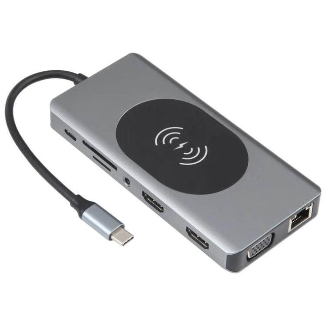 Multi-Port 14-in-1 Type-C Docking Station with Wireless Charging and HDMI Support, sleek gray hub with wireless charging pad, HDMI, USB, VGA and Ethernet ports