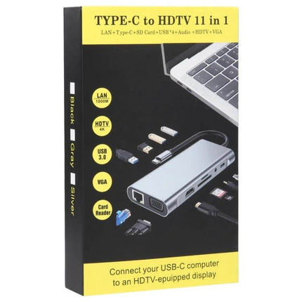 USB-C Docking Station Hub with Ethernet Port for Device Connections - compact 11-in-1 Type-C to HDTV adapter with LAN, HDMI, USB, VGA