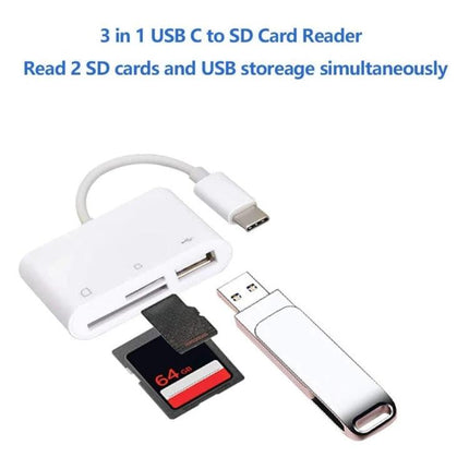 USB-C Card Reader for Everyday Photo and File Transfers — white 3-in-1 USB-C to SD/TF card reader pictured with SD card and USB flash drive