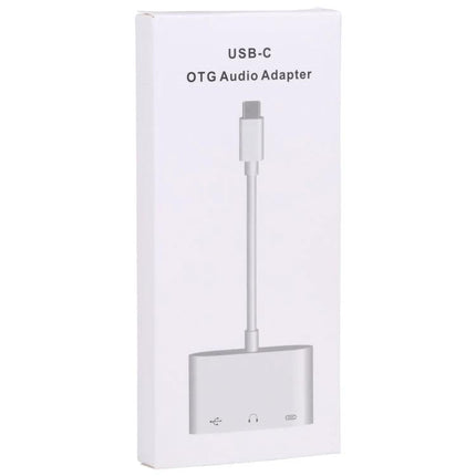 Versatile Type-C Adapter for Daily Phone Essentials and Charging — white USB-C OTG audio adapter with charging and headphone ports