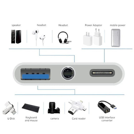 Versatile Type-C Adapter for Daily Phone Essentials and Charging — compact Type-C hub with USB, audio, and power passthrough for commuters (white)