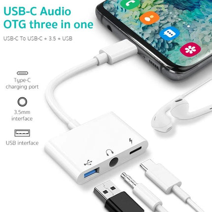 Versatile Type-C Adapter for Daily Phone Essentials and Charging plugged into phone with headphone, USB and charging ports visible