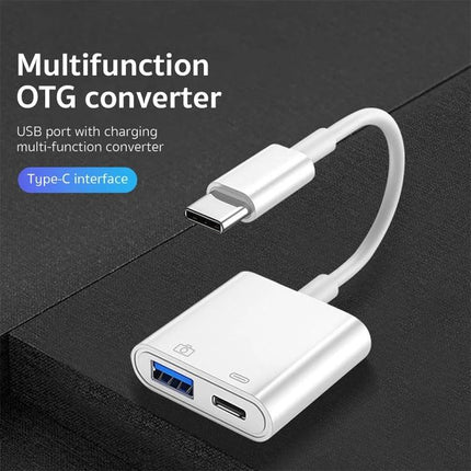 Adapter for everyday smartphone device connections and charging - Type-C OTG adapter with USB-A and charging port for tablets and phones