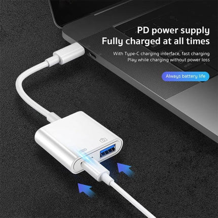 Adapter for everyday smartphone device connections and charging showing Type-C adapter connected to laptop with USB port and charging cable