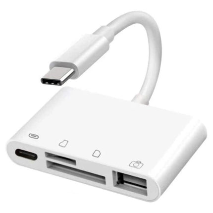 USB-C Adapter for Everyday Data Transfer and Device Connections - compact white hub with USB-C, SD card and USB ports for charging and file transfer