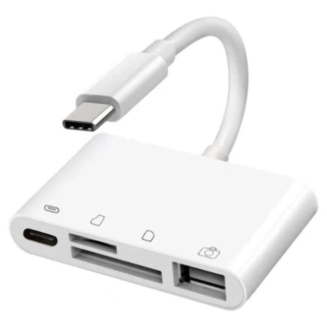 USB-C Adapter for Everyday Data Transfer and Device Connections - compact white hub with USB-C, SD card and USB ports for charging and file transfer