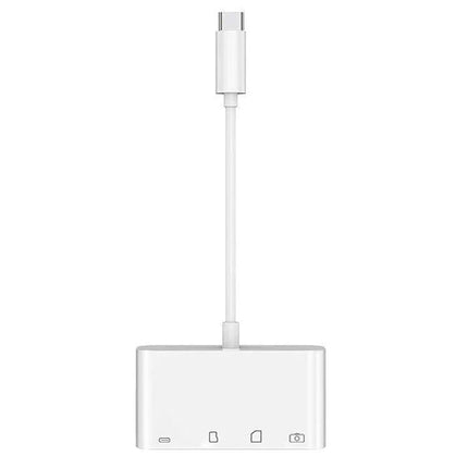 USB-C Adapter for Everyday Data Transfer and Device Connections — compact white adapter with SD card, microSD and charging/data ports for laptops and phones