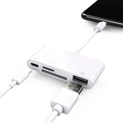 USB-C Adapter for Everyday Data Transfer and Device Connections connected to phone with USB and SD card for charging and file transfer