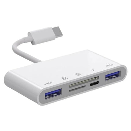 USB-C Adapter for Daily Device Connections and Data Transfer - white multiport hub with USB-A, SD card slot and USB-C pass-through for charging and file access