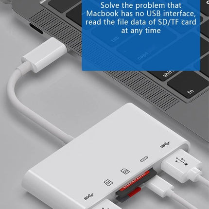 USB-C Adapter for Daily Device Connections and Data Transfer — white hub with SD card slot and USB plugged into a MacBook for charging and file access