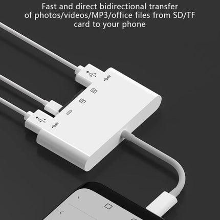 USB-C Adapter for Daily Device Connections and Data Transfer - white multiport adapter showing charging, SD/TF card and USB connections to a phone