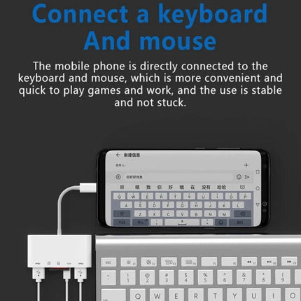 USB-C Adapter for Daily Device Connections and Data Transfer showing phone connected to keyboard, mouse, and charging hub for travel and coffee-shop use