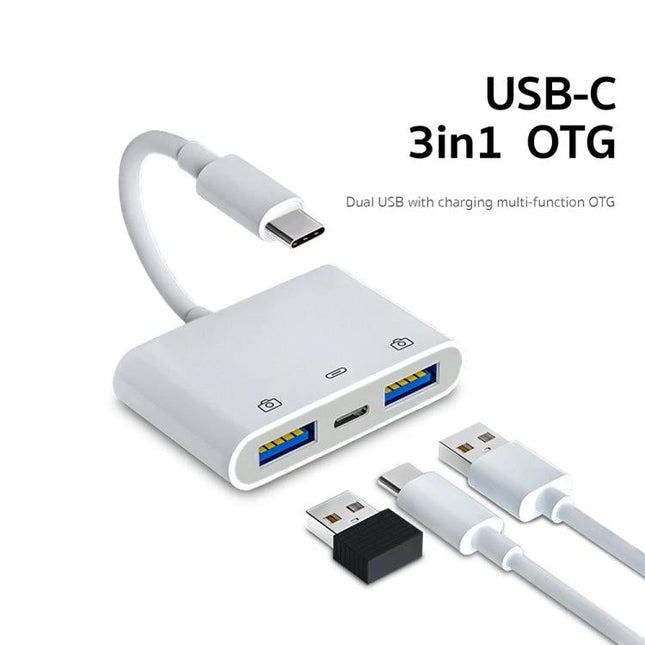 Handy Adapter for Everyday Smartphone Device Connections On the Go USB-C 3in1 OTG adapter for charging, file transfer, and accessories