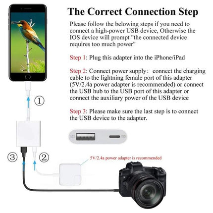 Adapter for Connecting USB Devices to Your Phone on the Go — 8-pin plug-and-play adapter shown connecting phone to USB drive, keyboard, and camera