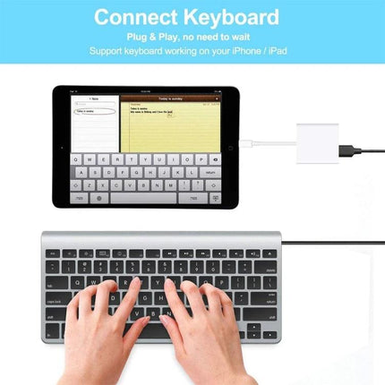 Adapter for Connecting USB Devices to Your Phone on the Go — iPad connected to keyboard via 8-pin plug-and-play adapter