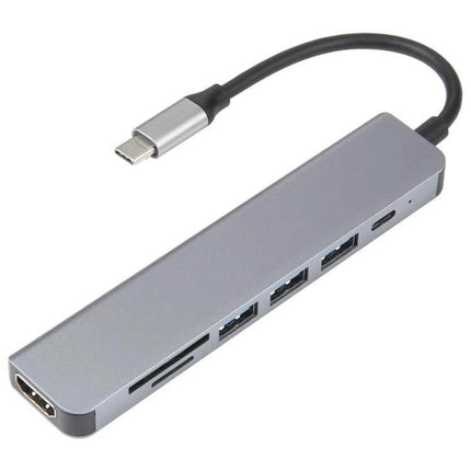 Versatile 7-in-1 USB-C Docking Station Adapter for Daily Connectivity slim aluminum hub with HDMI, SD card slots, USB-A ports and USB-C passthrough