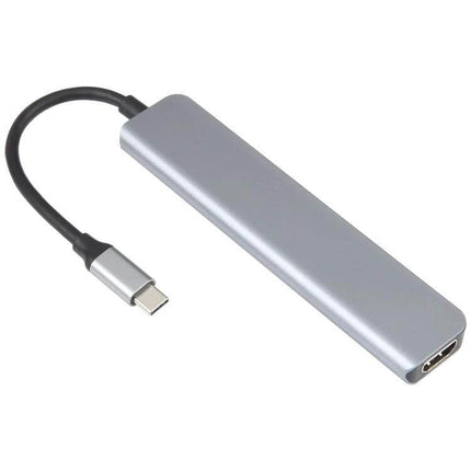 Versatile 7-in-1 USB-C Docking Station Adapter for Daily Connectivity — slim silver USB-C hub with HDMI, USB ports and plug-and-play cable