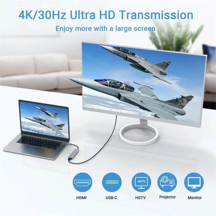 Versatile 7-in-1 USB-C Docking Station Adapter for Daily Connectivity showing laptop connected to 4K monitor via HDMI for UHD display