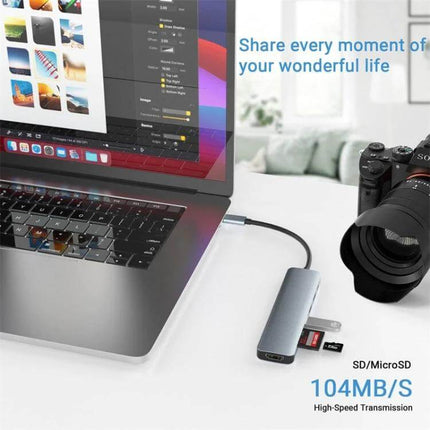 Versatile 7-in-1 USB-C Docking Station Adapter for Daily Connectivity connected to laptop showing SD/MicroSD, HDMI and USB ports for travel and remote work