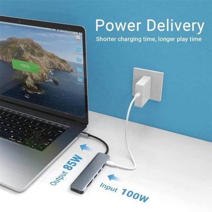 Versatile 7-in-1 USB-C Docking Station Adapter for Daily Connectivity showing laptop charging via 100W input and 85W output with multiple ports