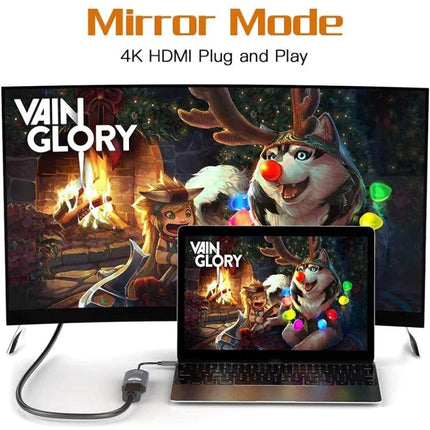 USB-C Adapter for Connecting Devices to HDTV in Daily Use showing laptop mirroring game screen to HDTV via HDMI cable