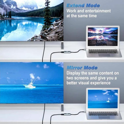 USB-C Adapter for Connecting Devices to HDTV in Daily Use showing laptop in extend and mirror mode with large HDTV display