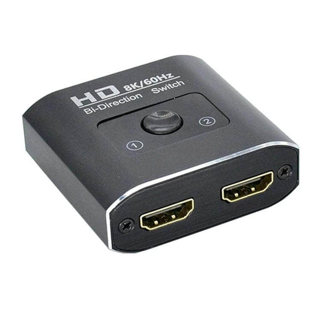 8K Bi-Directional HDMI Switcher for Multiple Video Devices showing compact black bi-directional HDMI switch with two HDMI ports and front button