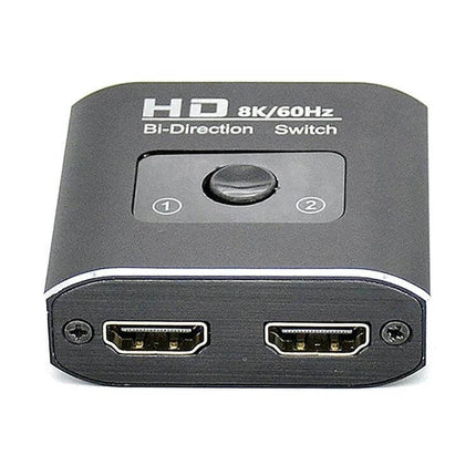 8K Bi-Directional HDMI Switcher for Multiple Video Devices compact metal box with two HDMI ports and top button for input switching