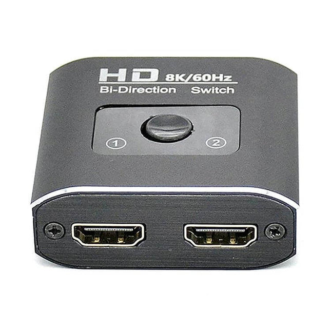 8K Bi-Directional HDMI Switcher for Multiple Video Devices compact metal box with two HDMI ports and top button for input switching
