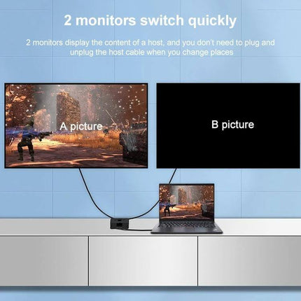 8K Bi-Directional HDMI Switcher for Multiple Video Devices showing laptop connected to two monitors with quick A/B picture switching