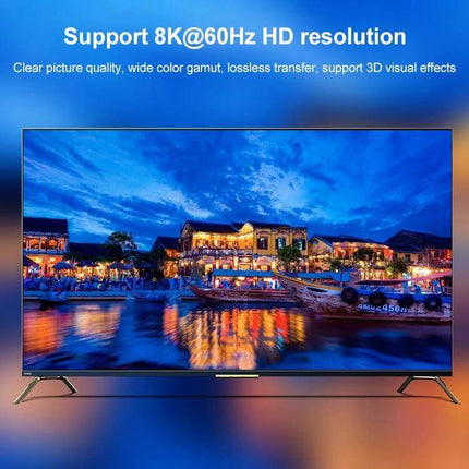 8K Bi-Directional HDMI Switcher for Multiple Video Devices showing TV with vibrant 8K@60Hz scenic waterfront image