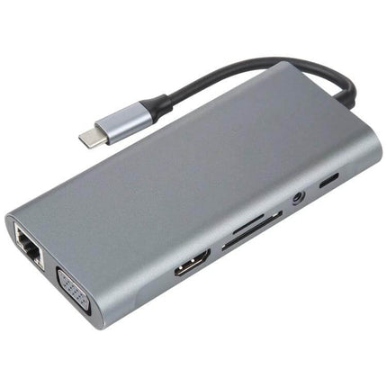 USB-C 11-in-1 Docking Station with Gigabit Ethernet Port angled view showing HDMI VGA Ethernet and card reader ports