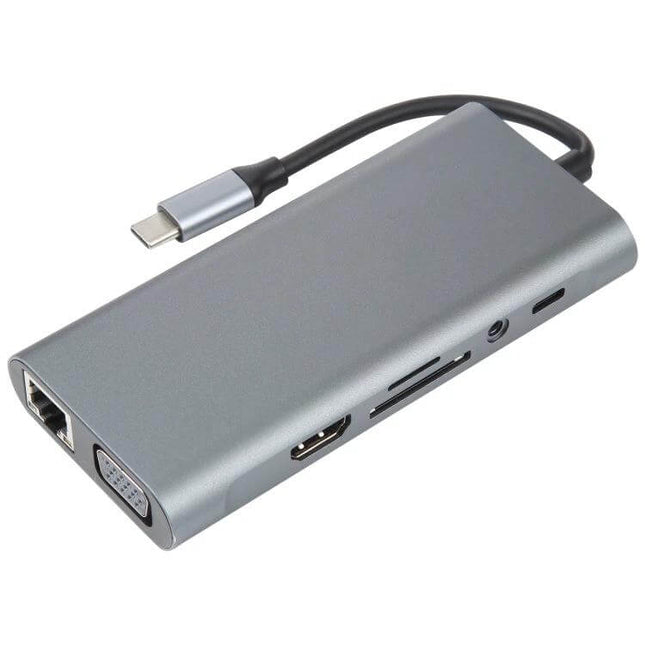 USB-C 11-in-1 Docking Station with Gigabit Ethernet Port angled view showing HDMI VGA Ethernet and card reader ports