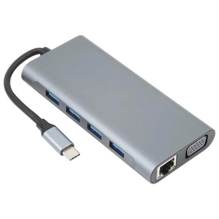 USB-C 11-in-1 Docking Station with Gigabit Ethernet Port showing multiple USB ports, VGA and Ethernet for travel and remote work