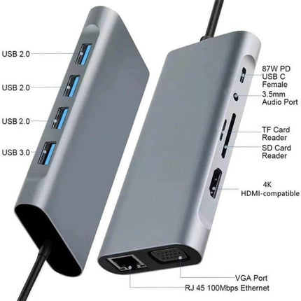 USB-C 11-in-1 Docking Station with Gigabit Ethernet Port shown with multiple USB ports, HDMI, SD/TF card slots, VGA and RJ45 Ethernet