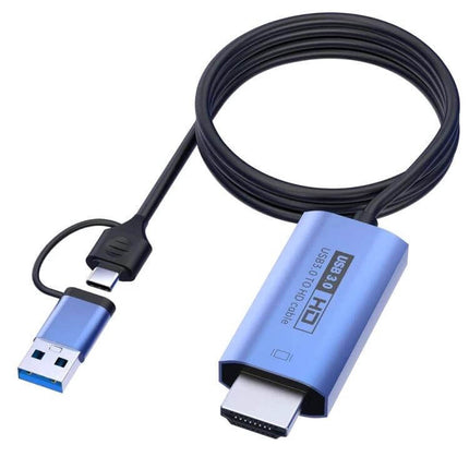 USB 3.0 and USB-C to HDMI Adapter Cable for Video Connections – blue adapter cable with USB 3.0 and USB-C plugs to HDMI for laptop to TV