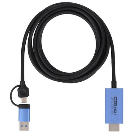 USB 3.0 and USB-C to HDMI Adapter Cable for Video Connections showing black cable with blue USB and HDMI connectors for laptop to TV streaming
