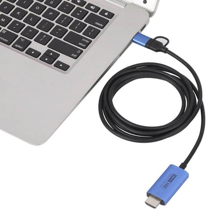 USB 3.0 and USB-C to HDMI Adapter Cable for Video Connections showing laptop USB-C port connected to HDMI display-ready cable