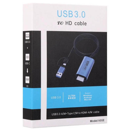 USB 3.0 and USB-C to HDMI Adapter Cable for Video Connections - blue USB3.0 to HDMI adapter cable packaging showing cable and connectors