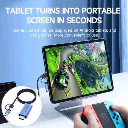 USB 3.0 and USB-C to HDMI Adapter Cable for Video Connections showing tablet as portable screen for gaming and streaming